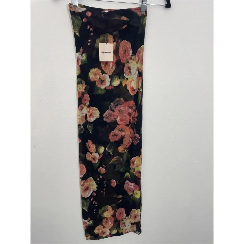 Revolve superdown rose maxi dress Size L black floral print strapless NWT